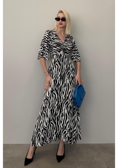 Madmext Siyah Zebra Desenli V Yaka Yarım Kollu Elbise Mg2394 Siyah
