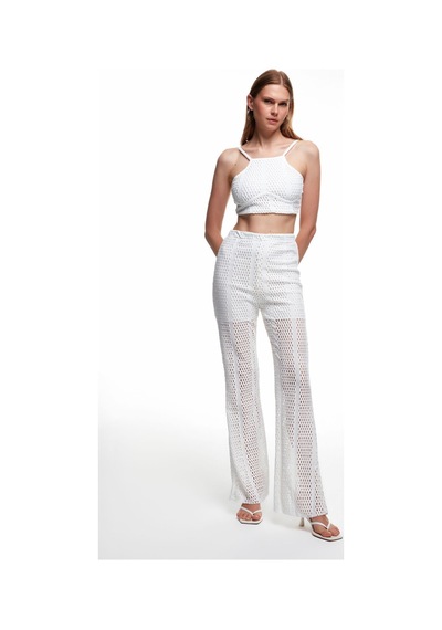 Fashion Cocktail Kısa Astarlı Fileli Lastik Bel Dar Kombin Modern Pantolon Beyaz