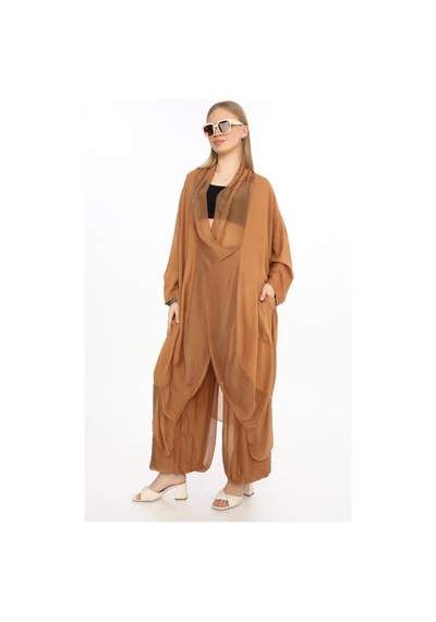Bohem Stil Italyan Ipek Detaylı Oversize Kap Bluz- Wes Pantolon Takım-8863 Cappuccino
