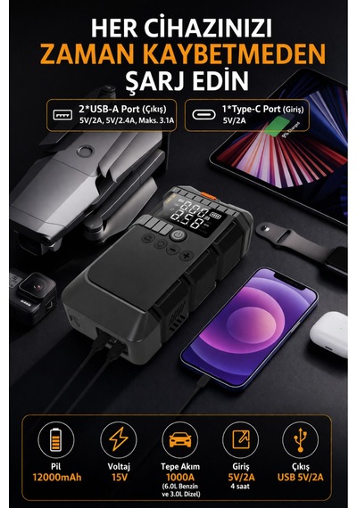 12000 Mah Akü Takviye & Hava Kompresörü 1200a Güç 150 Psı