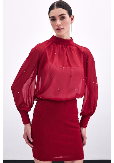 Sateen Taş Detaylı Transparan Bluz - Kırmızı-135758 Kırmızı