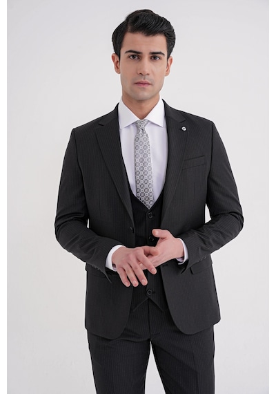Efor Slim Fit Çift Yırtmaç Çizgili Esnek Yünlü Siyah Yelekli Klasik Takım Elbise Tk 935 Siyah Efor Slim Fit Çift Yırtmaç Çizgili Esnek Yünlü Siyah Yelekli Klasik Takım Elbise Tk 935 Siyah