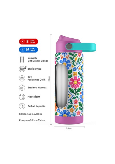 Puccon 540 Ml Çiçek Desenli Yeşil - Mor Kız Çocuk Pipetli Çelik Termos Matara/suluk - 60065
