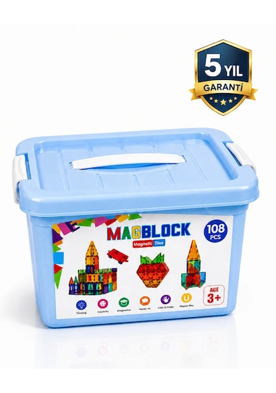 108 Parça Manyetik Yapı Blokları - Tamamı Mıknatıslı - Çocuklar İçineğitici Oyun Seti. 5 Yıl Garanti
