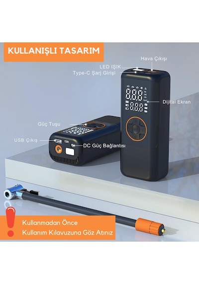 Şarjlı Hava Kompresörü 150 Psı - 4500 Mah Taşınabilir Araba Lastik Şişirme Kompresörü Flaş Işıklı - Ayarla Diğer