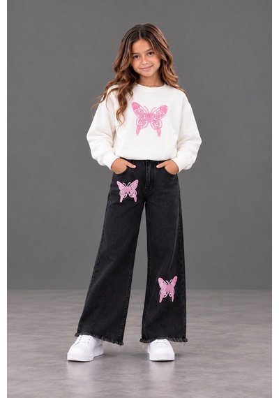 Kokoş Bebe Kız Çocuk Pembe Kelebek İşlemeli Sweatshirt Ve Bol Paça Kot Pantolon 2 Li Takım - 5/12 Yaş - 31969 Siyah