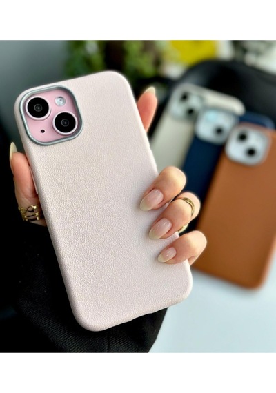 Apple iPhone 13-14 - 15 Uyumlu Estetik Dokulu Deri Görünümlü Esnek Silikon Kılıf - Pembe Diğer