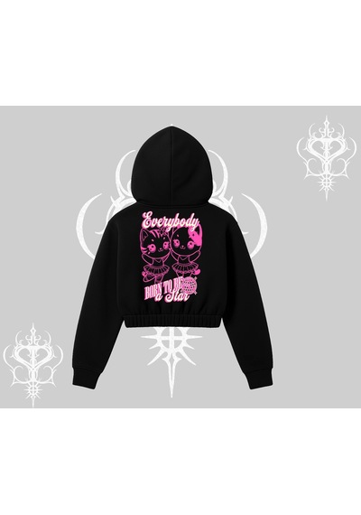 Startmore Born To Be A Star Yazılı Sevimli Kedi Arka Baskılı Kapşonlu Crop Sweatshirt Siyah