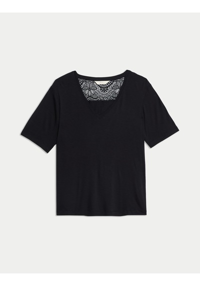 Marks & Spencer Dantel Detaylı Pijama Üstü T37003638T Siyah