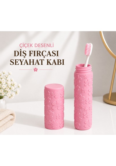 Çiçek Desenli Diş Fırçası Seyahat Kabı Hijyenik Ve Pratik Taşıma Kutusu Pembe