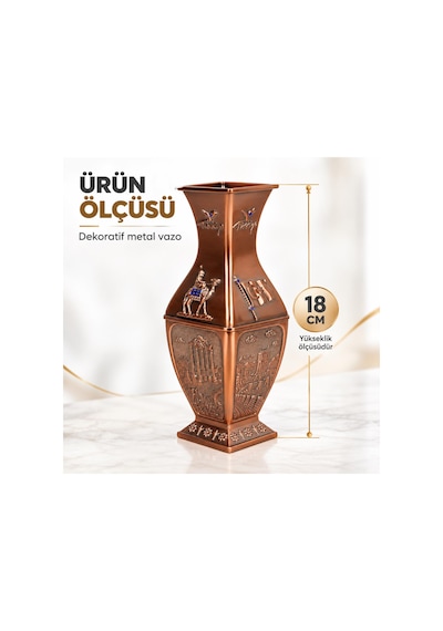 Türkiye Temalı Alaşım Metal Vazo 18 Cm Bronz Bakır Renk Kabartma Desenli Dekoratif Hediyelik Biblo