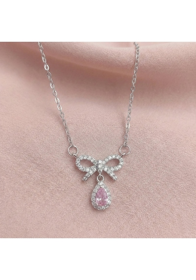 Pembe Damla Taşlı Çelik Kurdele Kolye Gümüş