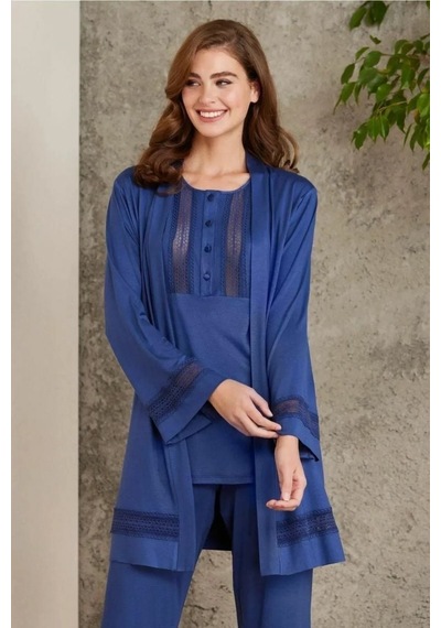 Pierre Cardin 2800 Kadın Lacivert Dantelli Penye 3'lü Sabahlıklı Pijama Takım 001