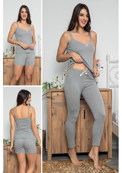 Myben Kadın Gri Renkli Şortlu Ve Taytlı Pijama Takımı 3'lü Set 75009 Gri