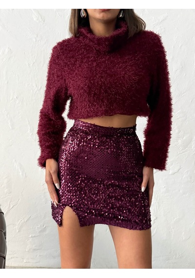 Verymoda Pullu Kadife Payet Mini Etek F2054 Mürdüm