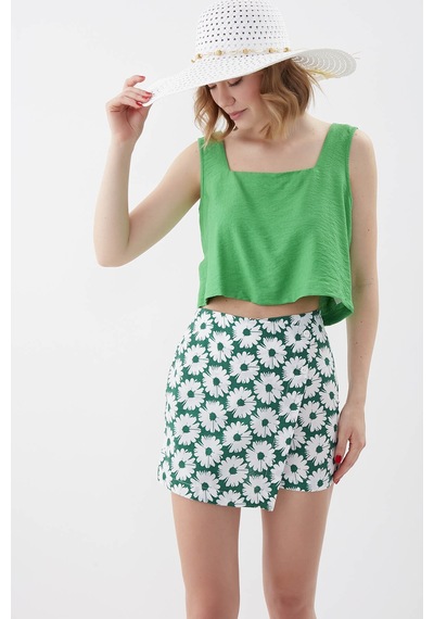 Vitrin Kare Yaka Sıfır Kol Crop Bluz YEŞİL
