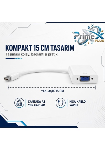 Primex Px-1515 Mini Displayport To Vga Çevirici, Macbook Mini Display To Vga Adaptör, 15 Cm Beyaz Görüntü Dönüştürücü, Mini Dp Erkek To Vga Dişi Monitör Projeksiyon Tv Bağlantı Aparatı