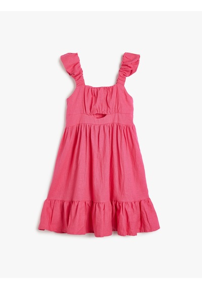 Koton Keten Elbise Askılı Fırfırlı Pencere Detaylı Kare Yaka Pembe 4skg80205aw Gül