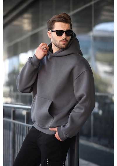 Madmext Füme Kapüşonlu Kanguru Cep Erkek Sweatshirt E7169 Füme