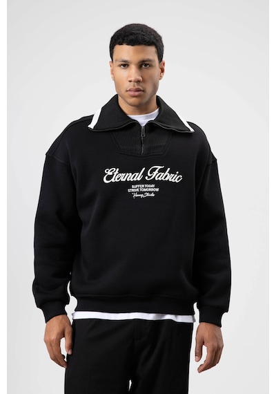 Vamos Oversize Fermuarlı Yaka Sweatshirt Siyah