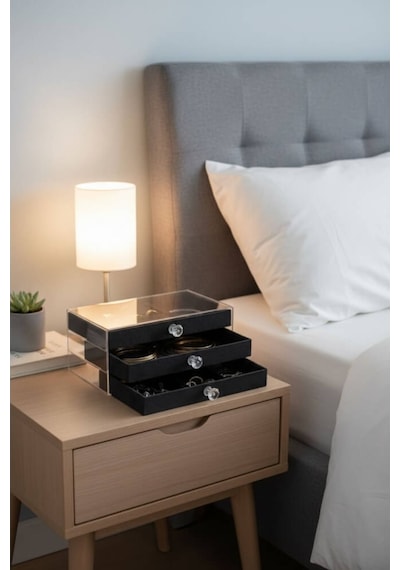 Piev House By House Kadife Kumaş Kaplı Üç Katlı Çekmeceli Takı Kozmetik Organizer Siyah