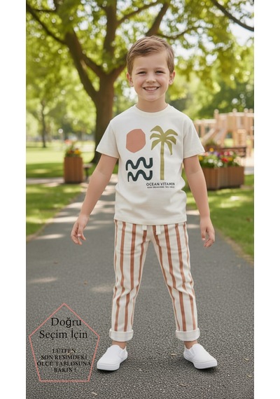 Smalltouch Palmiye Desenli Tişört Pantolon Erkek Çocuk Çizgili Takım Ekru