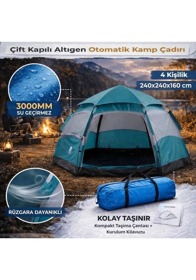 Sylar 4-5 Kişilik Çift Kapılı Altıgen Otomatik Kamp Çadırı 240x240x160 Cm Diğer
