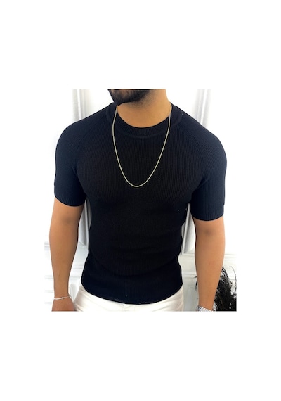 Örme Triko Tişört Kısa Kollu Triko Slim Fit Dar Kesim T-shirt Siyah
