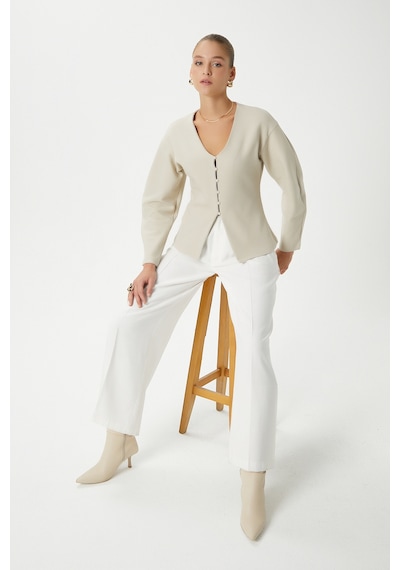 Ritnice Kadın Osea Premium Bele Oturan Bej Şık Düğme Detay Peplum Bluz Bej