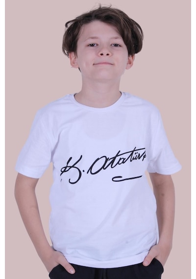 Panios Kids İmzalı Atatürk Baskılı Unisexs T-shırt Beyaz - Siyah