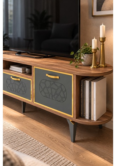 Sulorahome Kahverengi Gold Detaylı 160 Cm Tv Ünitesi Kahverengi - Altın