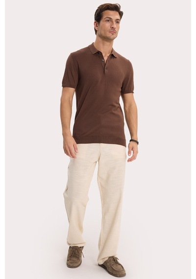 Tudors Erkek Slim Fit Dar Kesim Pamuklu Örme Triko Kahverengi Polo Yaka Tişört-46227