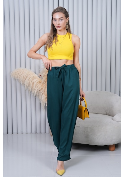 Polologin Butik Beli Bağcıklı Yüksek Bel Bol Paça Zümrüt Yeşili Pantolon Yeşil