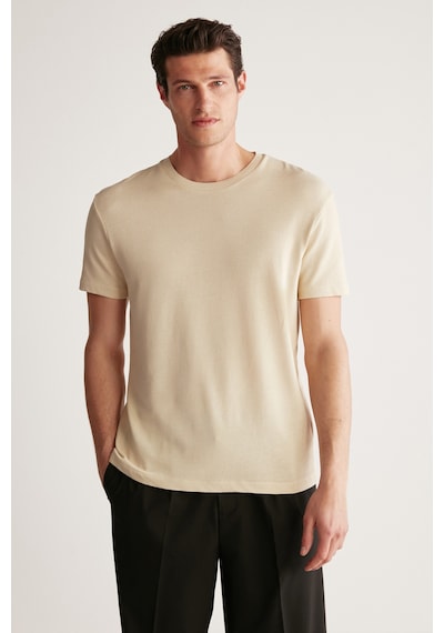 Grimelange Jeremy Erkek Slim Fit Triko Görünümlü Kumaşlı Triko Yakalı Kalın Dokulu Bej T-shirt