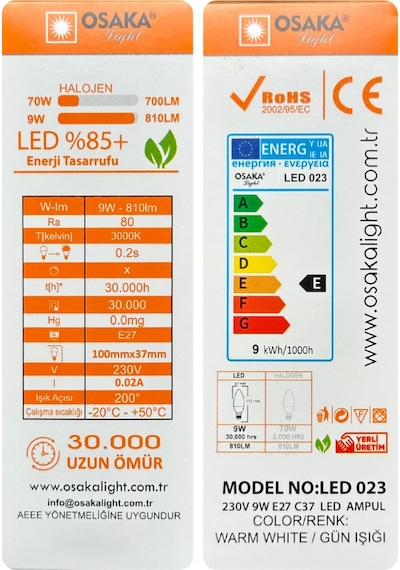 2 Adet Osaka 9w 70w Sarı Işık 3000k E27 Duylu Kalın Duy Led Mum Ampul