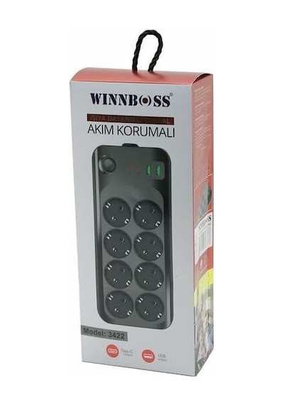 Wınnboss-3422 8'li Priz Uzatma Kablosu Usb Type-c Girişli, 2 Metre, Chrmk12268, Siyah, Erkek