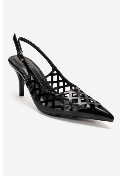 Luvishoes Jever Siyah Cilt Lazer Kesim Sivri Burun Slingback Kadın İnce Topuklu Ayakkabı Siyah Luvishoes Jever Siyah Cilt Lazer Kesim Sivri Burun Slingback Kadın İnce Topuklu Ayakkabı Siyah