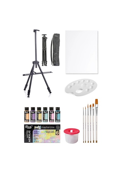 Rich Mastermix Akrilik Boya Seti 6x60 Pastel Renk 3 Ayaklı Şövale 35x50 Tuval Seti Metal Şövale Seti