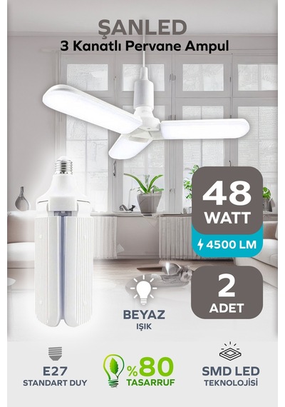 3 Kanatlı Pervane 48w Ampul Beyaz Işık- 2 Adettir 2 Adet