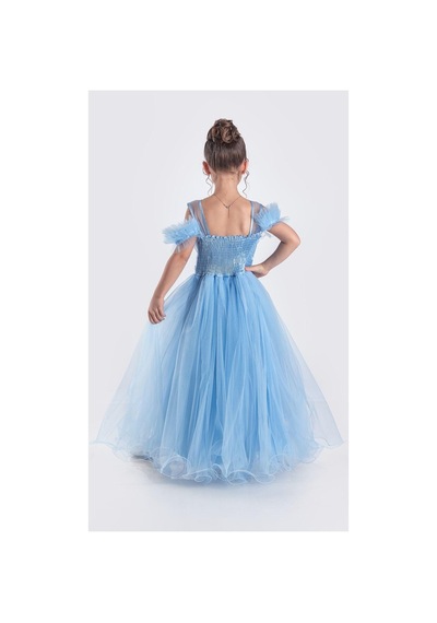 Mnk Baby & Kids Uzun Etek Kız Çocuk Robası Şifon Abiye M00723 Mavi