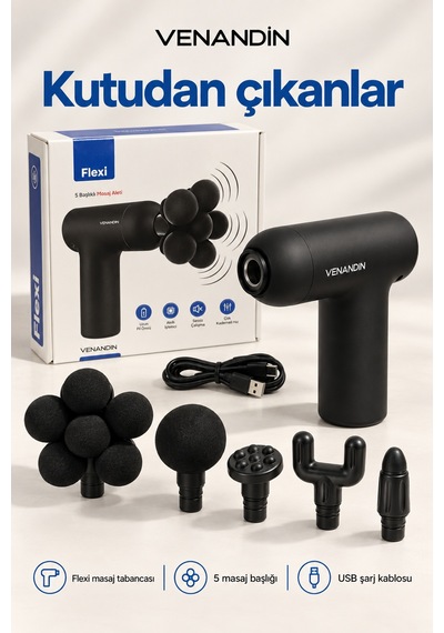 Md-9901 Flexi Darbeli Masaj Tabancası 60w, 6 Kademeli, 5 Başlıklı - Siyah