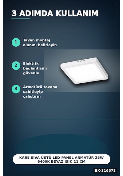 Kare Sıva Üstü Led Panel Armatür 25w 6400k Beyaz Işık 21 Cm Tavan Lambası Bx-316573 Diğer