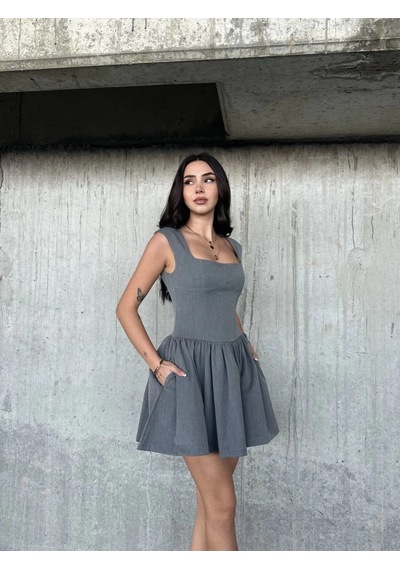 Alfanora Kolsuz Mini Elbise- Gri