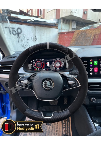Skoda Scala Dikme Direksiyon Kılıfı Alcantara Süet Mat Karbon Gri Yüzük Ve Dikiş 2019-2024