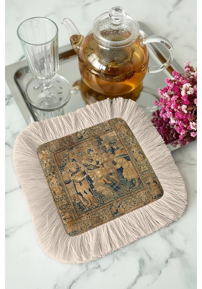 Avangard Şölen Saçaklı Sunum Peçetesi - Klasik Saray Evi Vintage Lacivert Bardak Altlığı Mendil Çok Renkli
