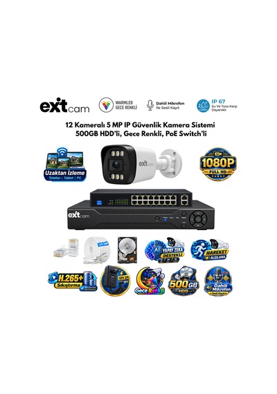 Exitcam 12 Kameralı 5mp Ip Poe Güvenlik Kamera Seti 500 Gb Hdd Takılı, Gece Renkli, 200 Metre Kabl