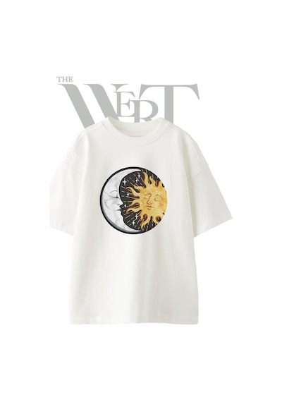 Thewert Moon Sun Tasarım Baskılı Ünisex Beyaz Oversize T-shirt