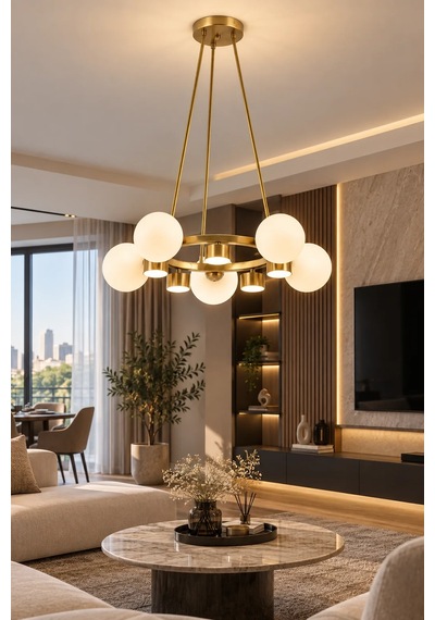 Modern Premium Gold Detaylı 5+5 Led Opak Küreli Avize Salon Mutfak Sarkıt Avize 5xg9 13w