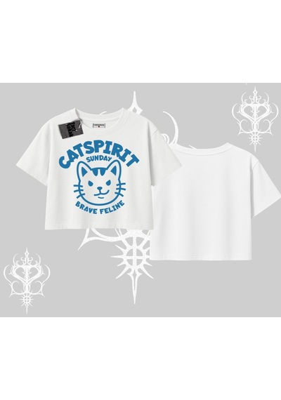 Startmore Startmore Catspirit Sunday Brave Feline Yazılı Kedi Baskılı Oversize Crop Tshirt Beyaz