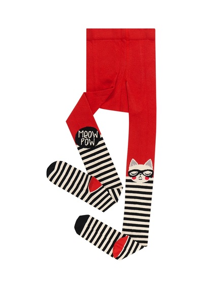 Denokids Kız Çocuk Kedi Desenli Pamuklu Kırmızı Külotlu Çorap 4-9 Yaş